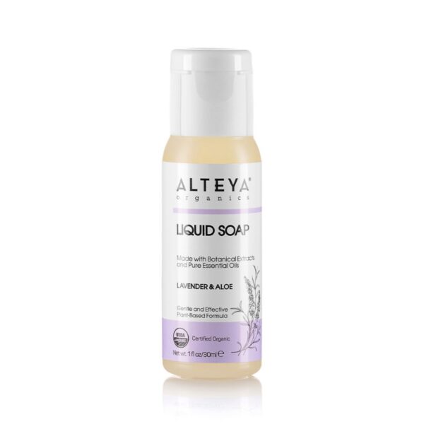 Hair and body care liquid soaps Organic Liquid Soap Lavender Aloe 30 ml alteya organics 1024x1024 1