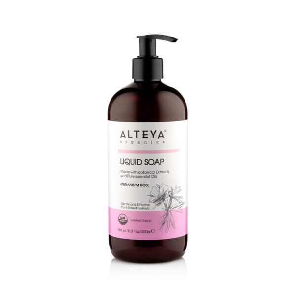 hair and body care liquid soaps Organic Liquid Soap Geranium Rose 500 ml alteya organics 1024x1024 1